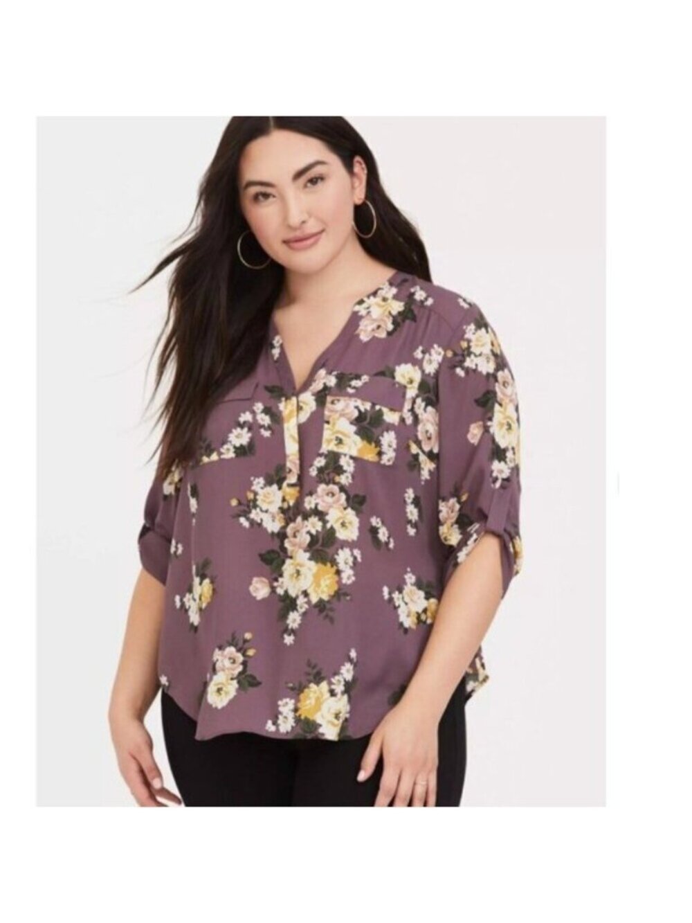 Torrid Harper Georgette Blouse 3/4 Roll Tab Sleeve Floral Split Neck Purple 1X